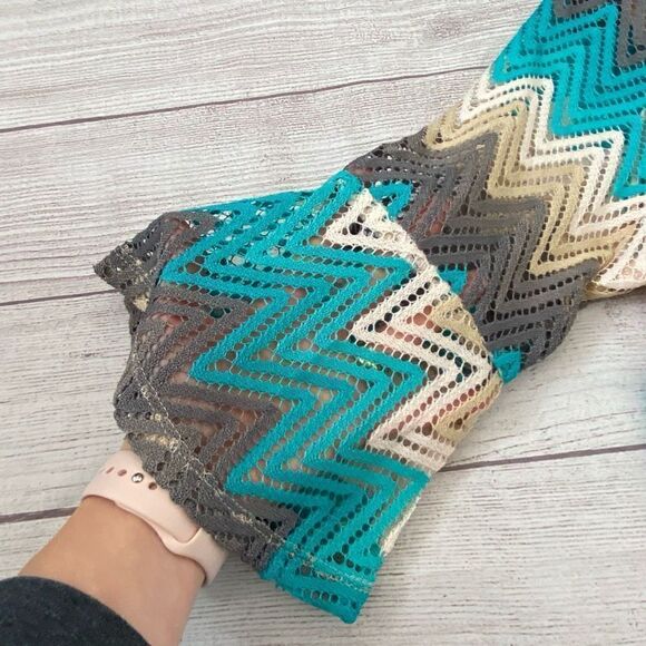 Tacera open knit fully lined 3/4 bell sleeve chevron print dress women sz Med - Picture 12 of 14